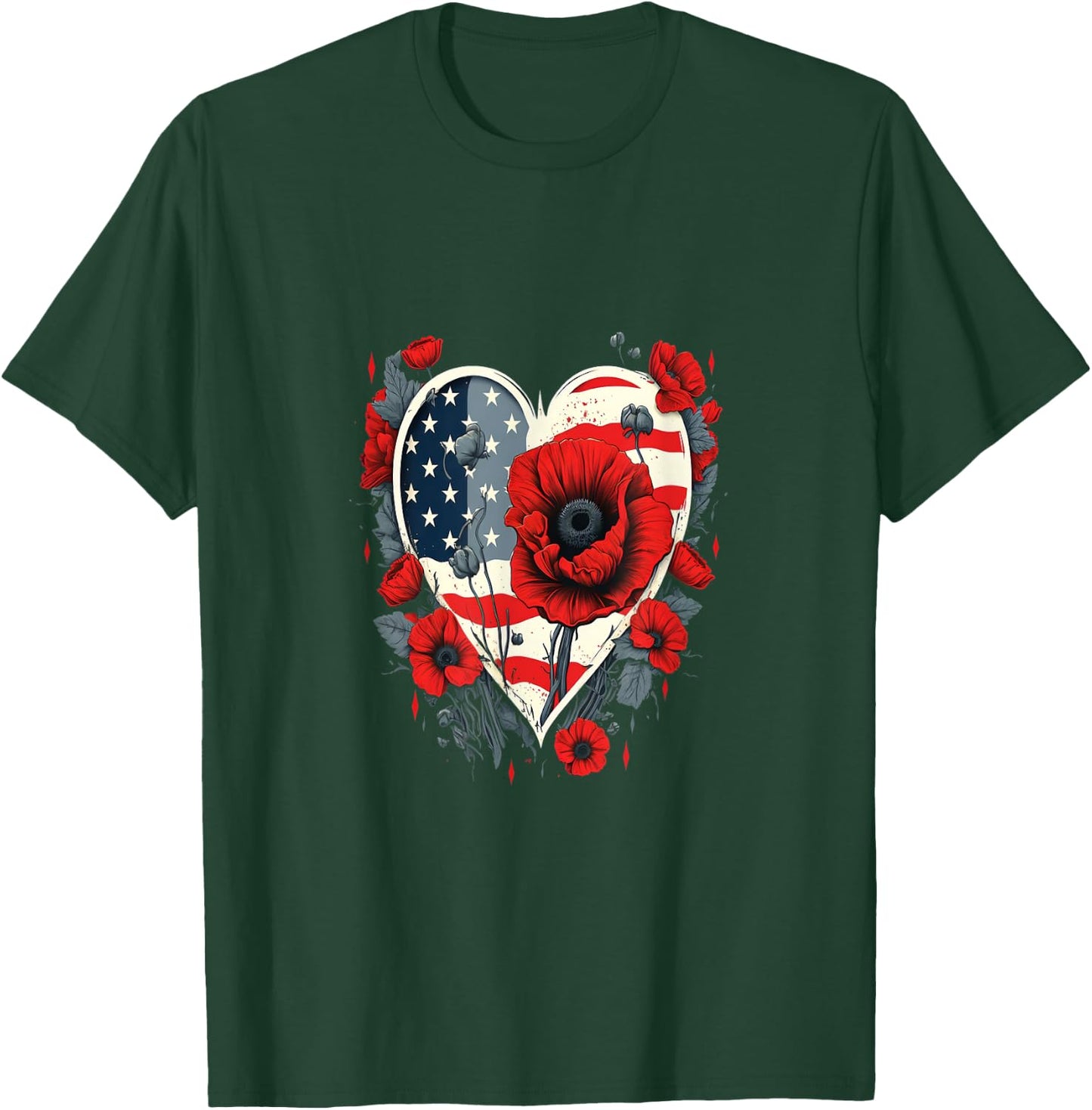 Memorial Day Red Poppy Flower USA Heart Flag 4th of July T-Shirt - T-Shirt | Forest