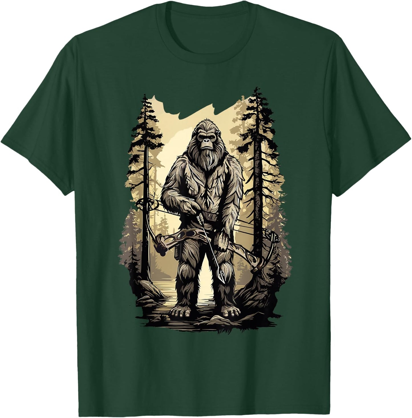Bow Hunting Bigfoot, Funny Bow Hunting Sasquatch , Black, -Adults, Small, Short Sleeve, Classic Fit, Cotton, Polyester T-Shirt - T-Shirt | Forest