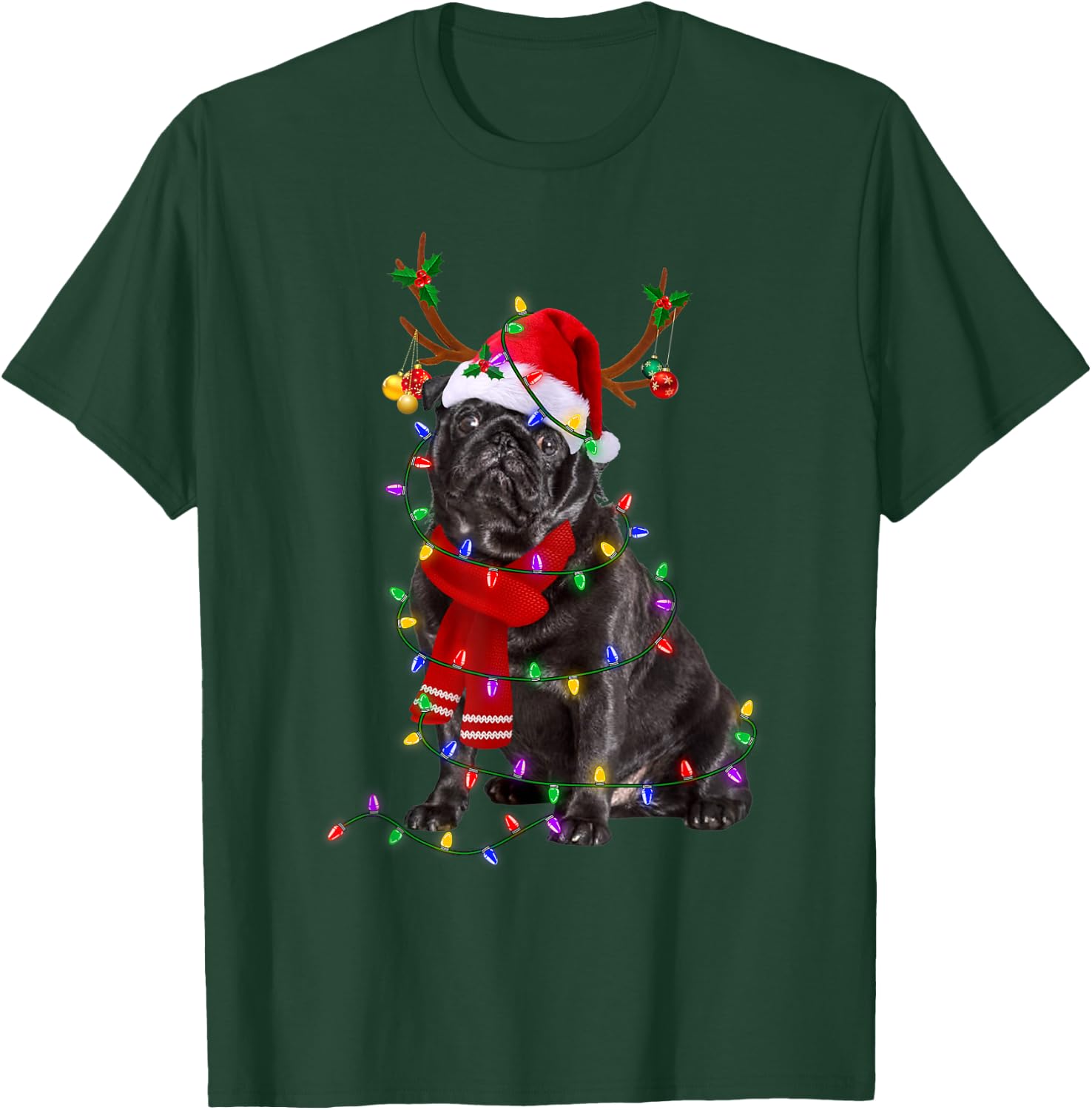 Funny Black Pug Dog Tree Christmas Lights Xmas Pajama Men Women Kids T-Shirt - T-Shirt | Forest