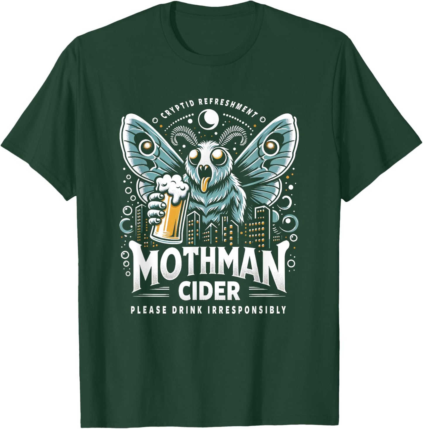 Funny Cryptid Beer Brand Parody Mothman Cider T-Shirt - T-Shirt | Forest