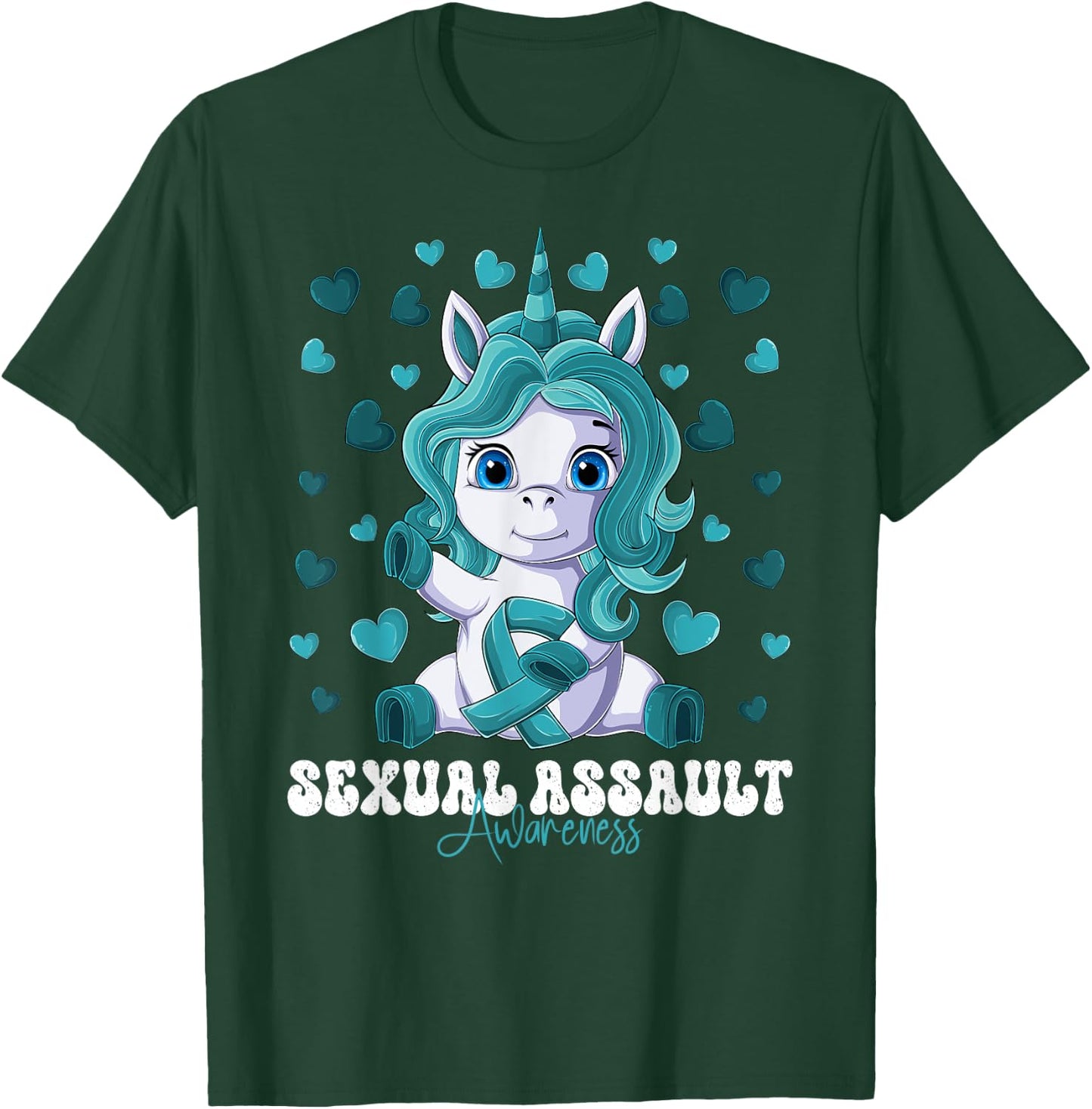 Sexual Assault Awareness Month Teal Ribbon Unicorn T-Shirt - T-Shirt | Forest
