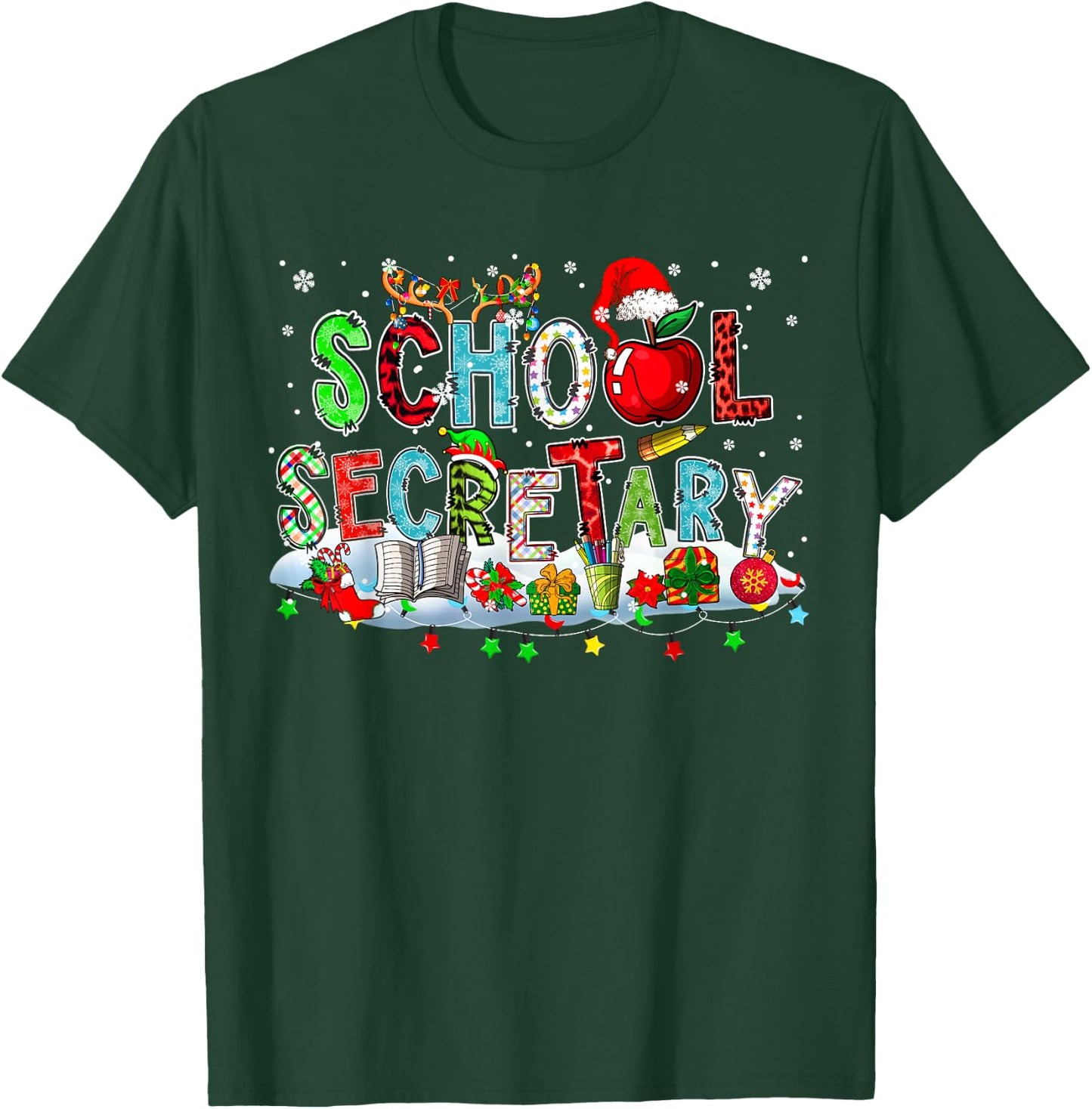School Secretary Xmas Leopard Plaid Santa Reindeer Elf Books T-Shirt - T-Shirt | Forest