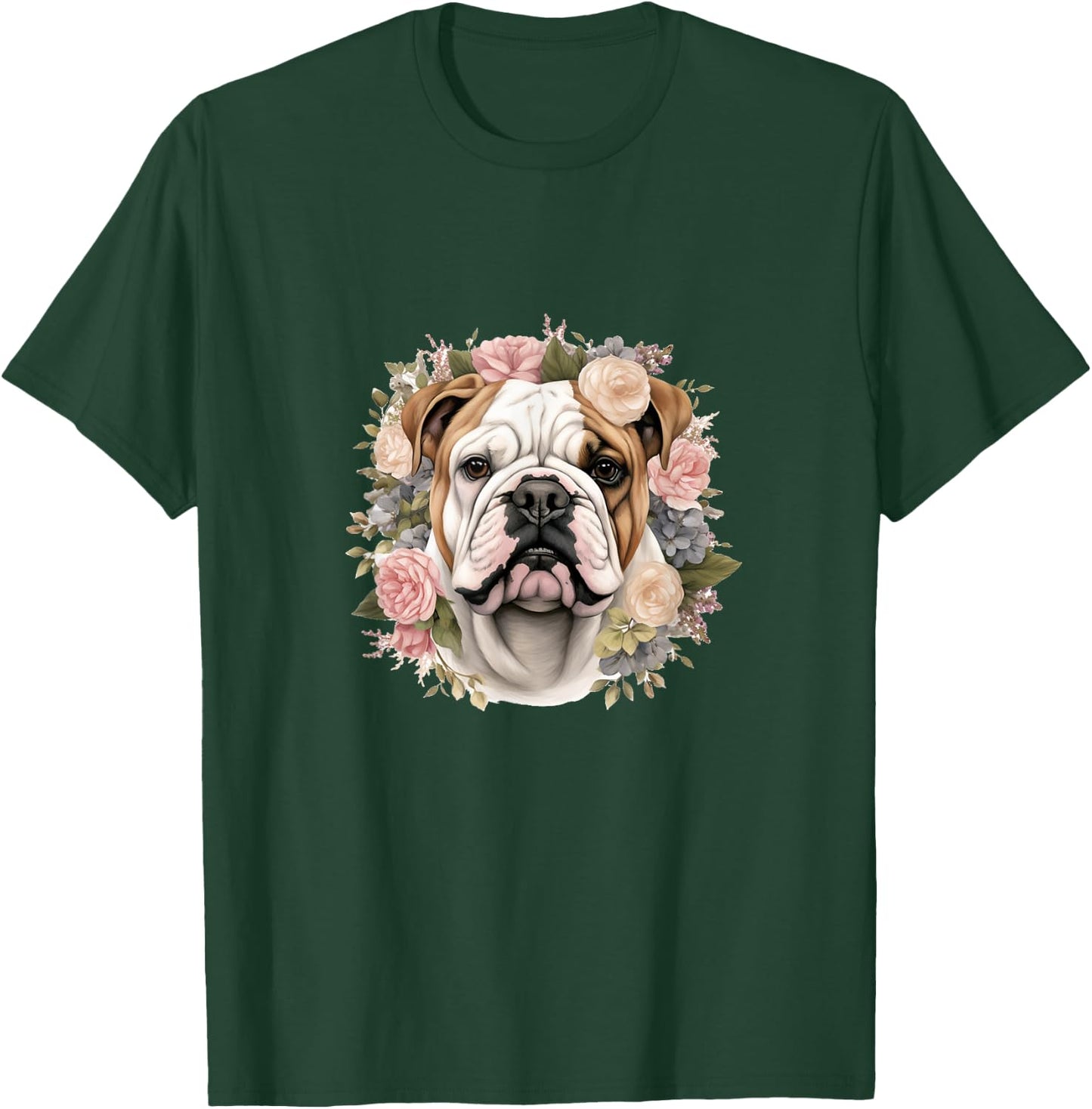 Floral English Bulldog Pastel Flower Border T-Shirt - T-Shirt | Forest