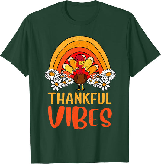 Thankful Vibes Turkey Retro Groovy Thanksgiving Rainbow T-Shirt - T-Shirt | Forest