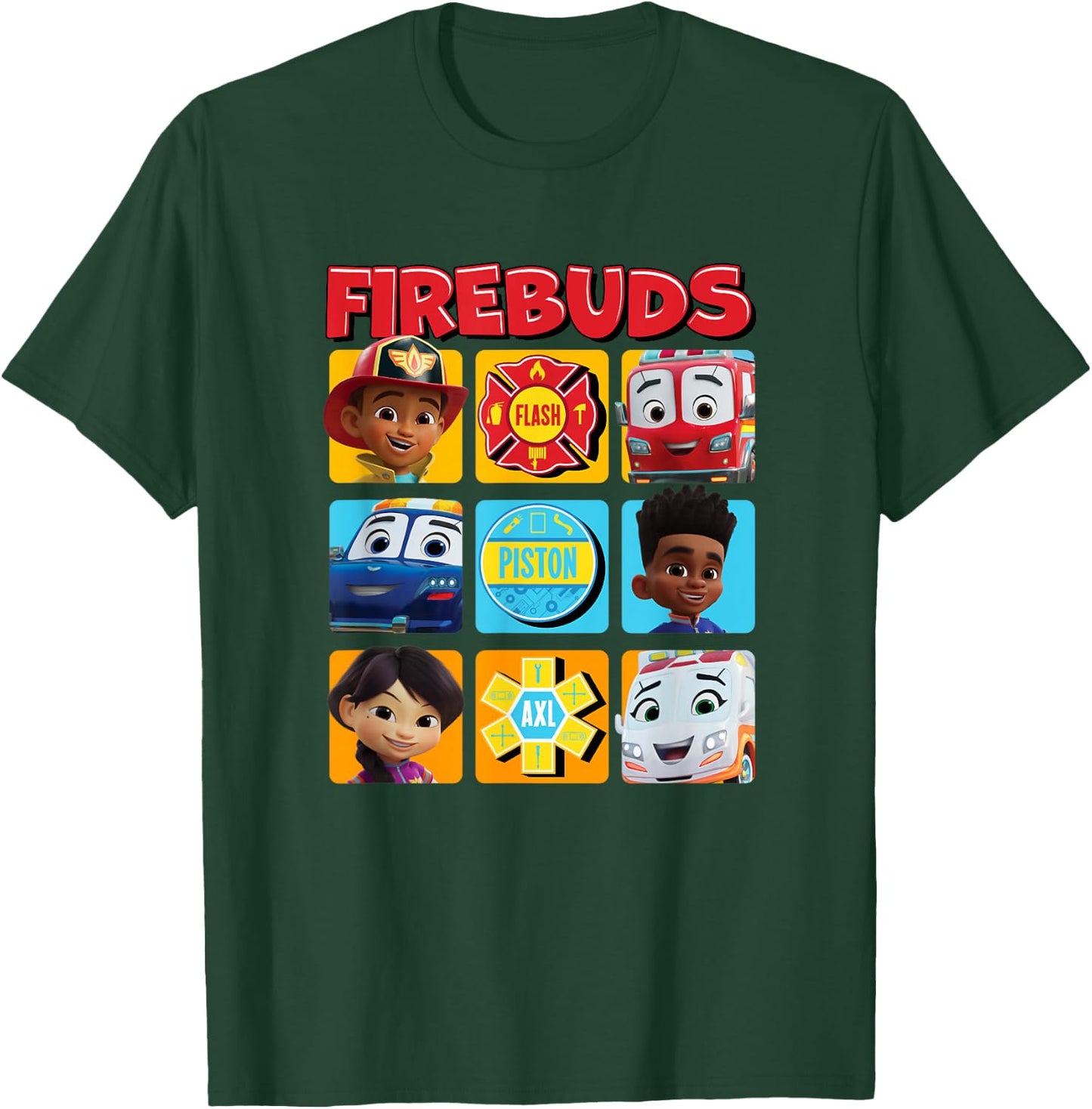 Disney Firebuds Happy Main Characters Panels Big Chest Logo T-Shirt - T-Shirt | Forest