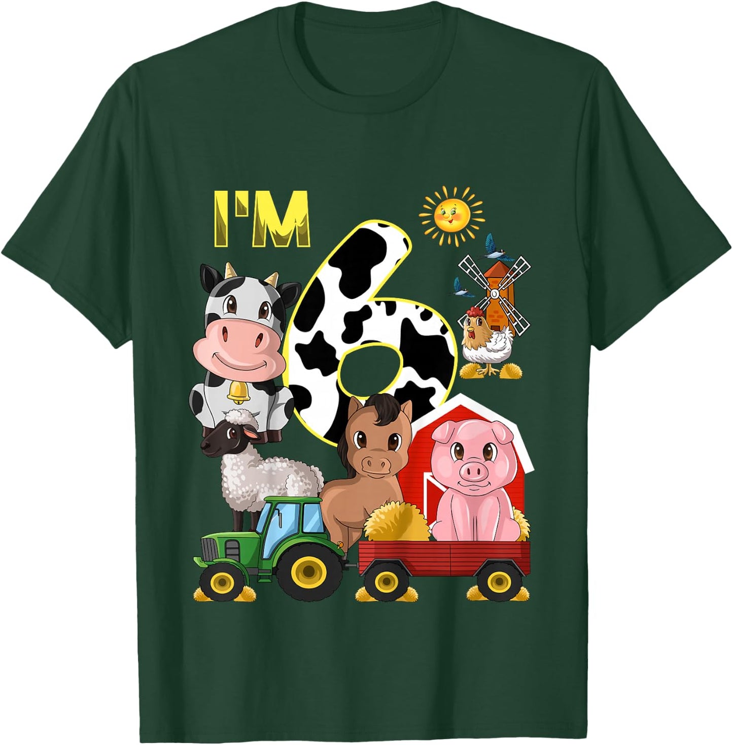 Kids Farm Animals Tractor 6th Birthday 6 Year Old Birthday Party T-Shirt - T-Shirt | Forest
