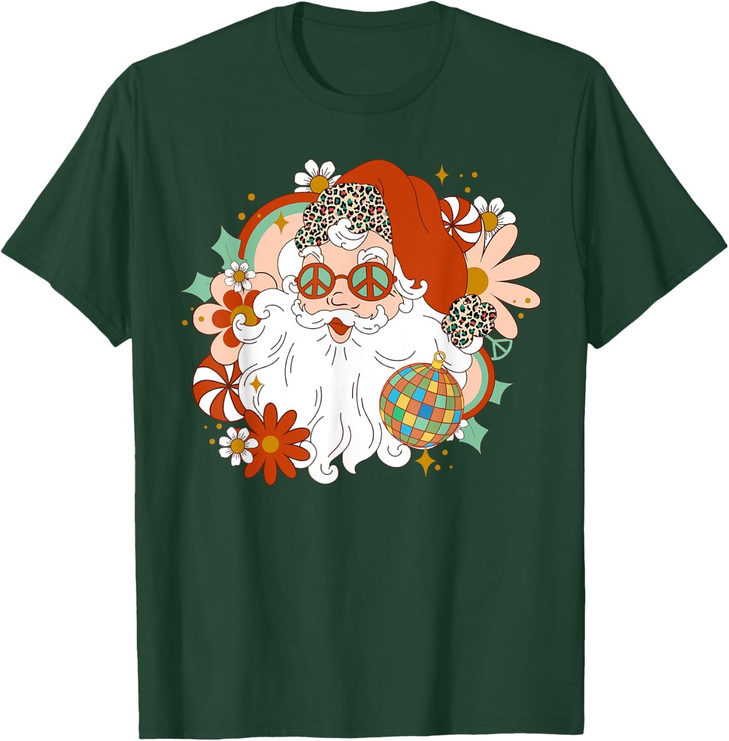 Hippie Santa Claus Floral Peace Sign Xmas Retro Christmas T-Shirt - T-Shirt | Forest