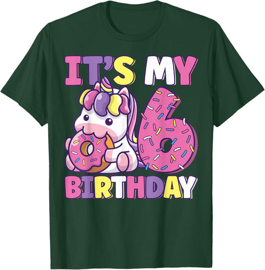 It's My 6th Birthday Party Cute Girls Donut Birthday Unicorn T-Shirt - T-Shirt | Forest