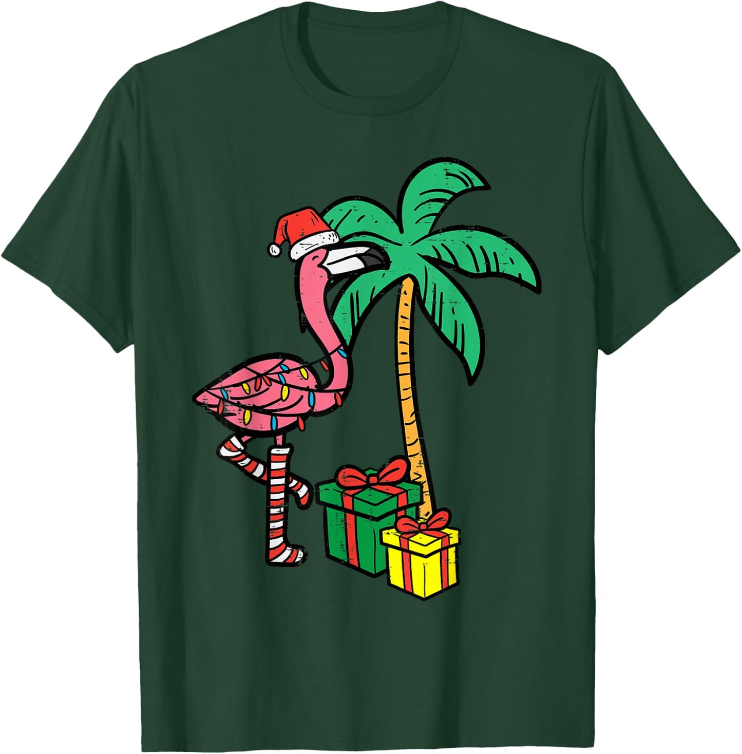 Christmas Flamingo Palm Tree Funny Xmas Beach Men Women Kids T-Shirt - T-Shirt | Forest