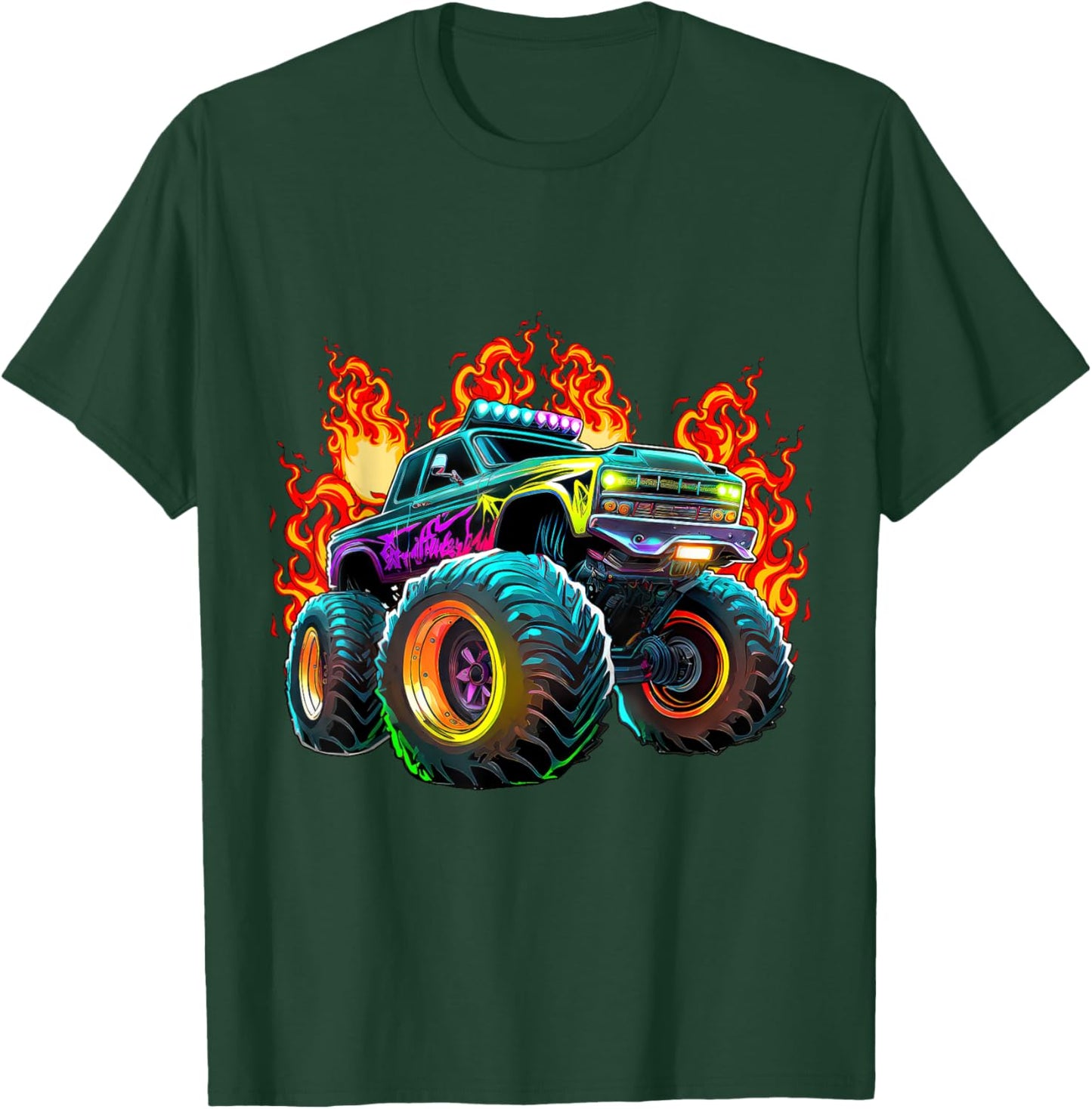 Monster Truck Flame Retro Monster Truck Birthday Boy Party T-Shirt - T-Shirt | Forest