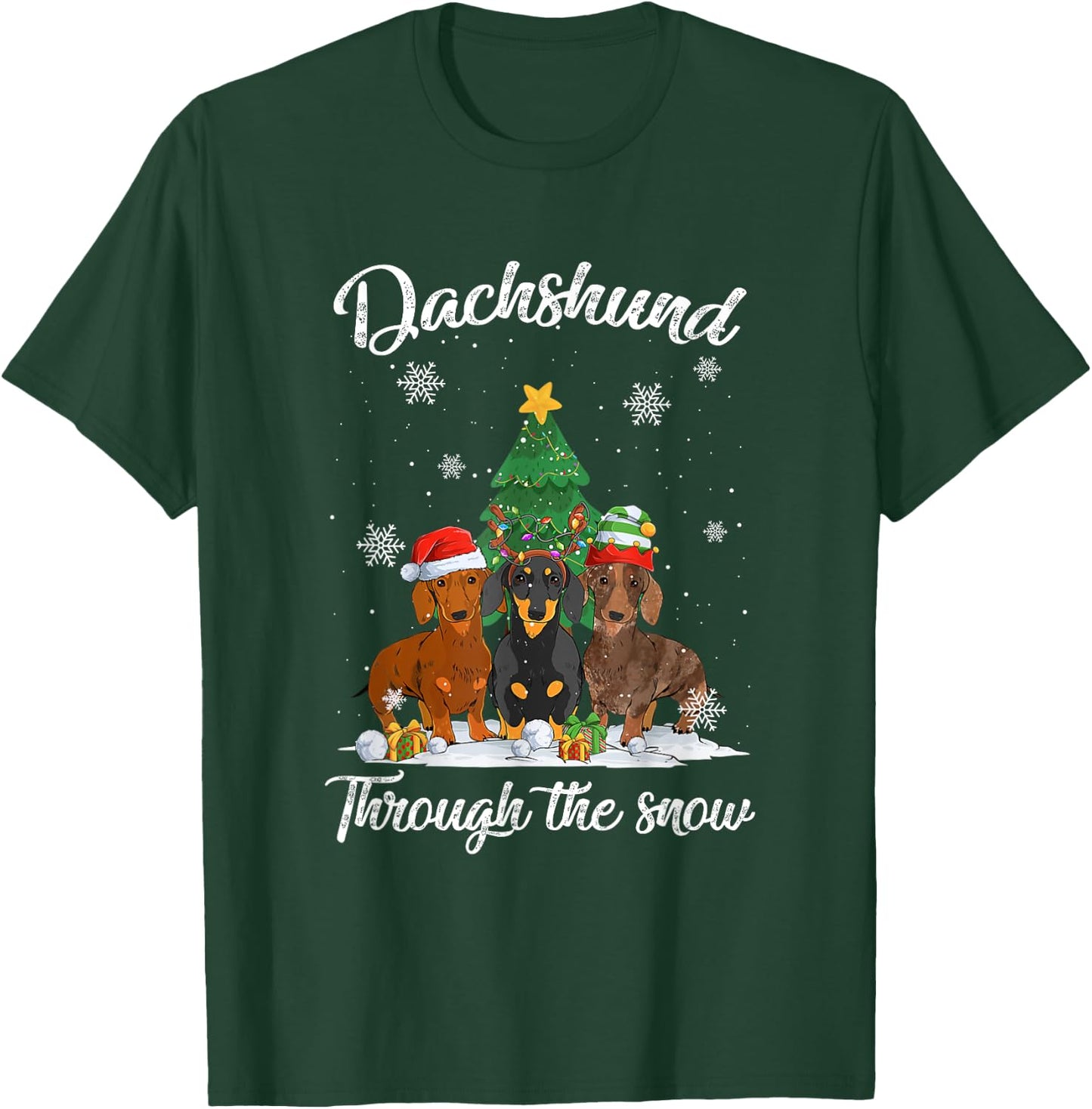 Merry Christmas Dachshund Dog Through The Snow Men Women Kids T-Shirt - T-Shirt | Forest