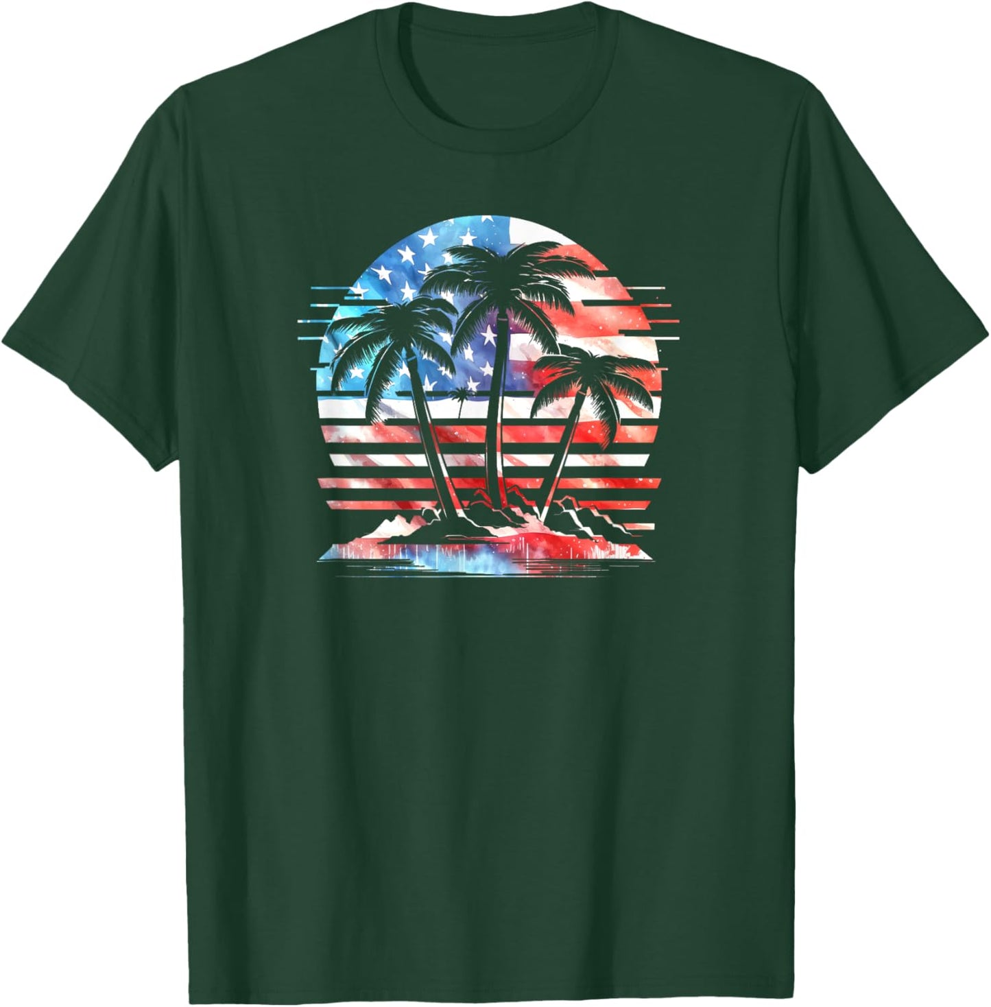 American Flag Retro Beach Palm Trees 4th of July Patriotic T-Shirt - T-Shirt | Forest