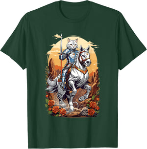 Magical Knight Cat Riding His Horse Into Battle Graphic Women Kids T-Shirt - T-Shirt | Forest