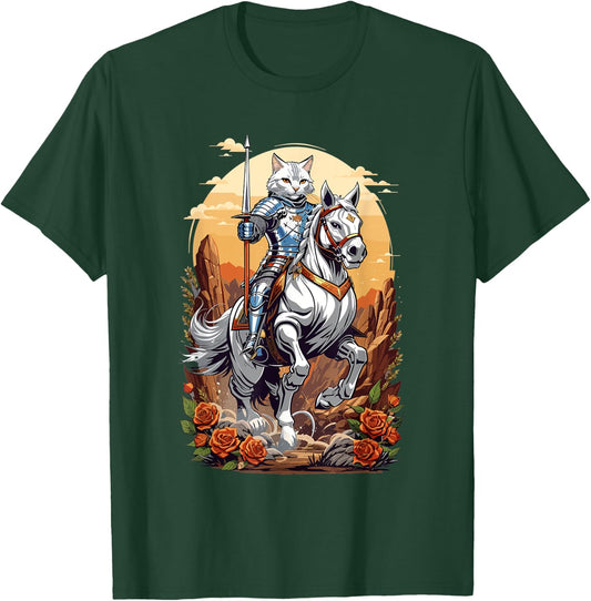 Magical Knight Cat Riding His Horse Into Battle Graphic Women Kids T-Shirt - T-Shirt | Forest