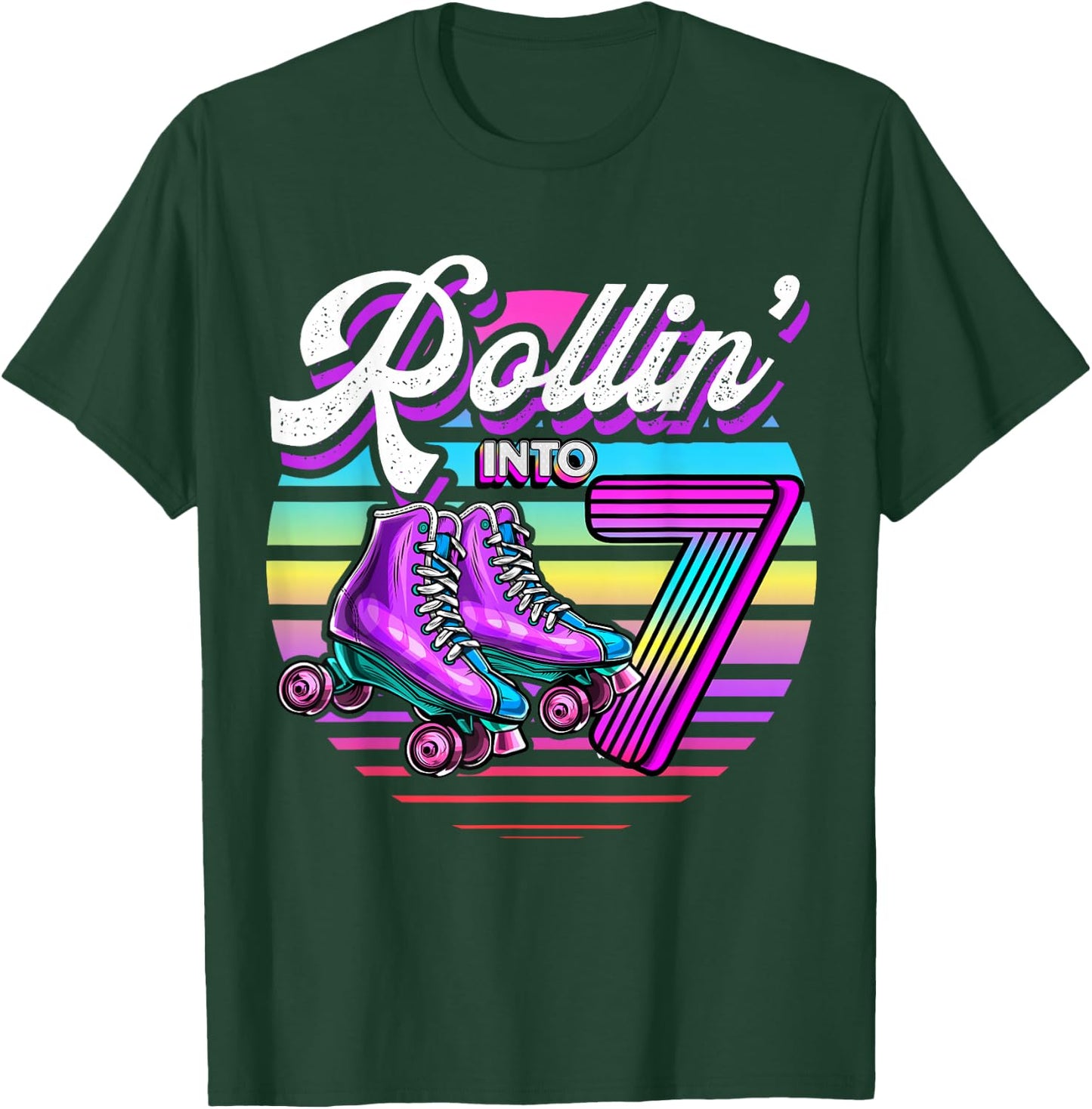 Rollin' into 7 Roller Skating Rink 7th Birthday Party Girls T-Shirt - T-Shirt | Forest