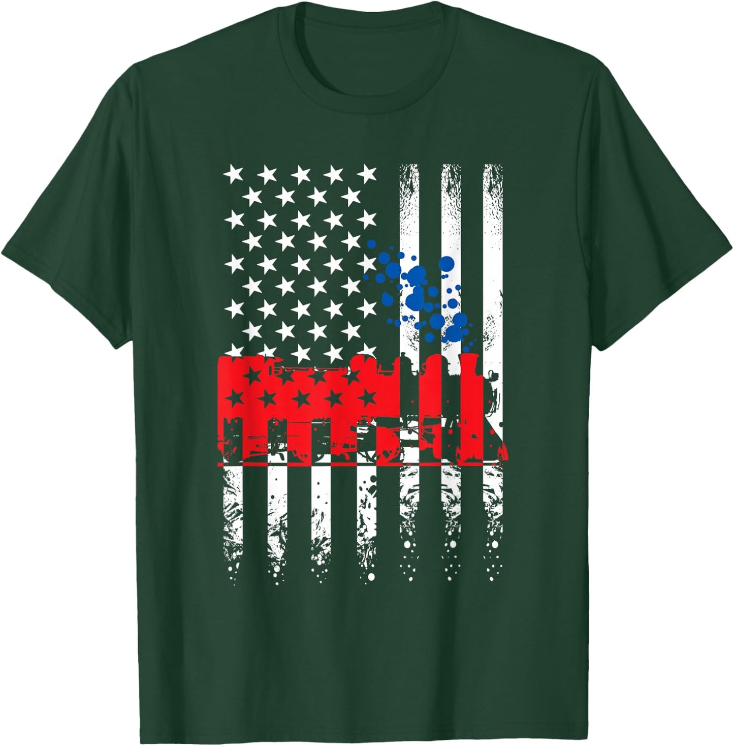 USA America Flag Steam Engine Train Conductor 4th of July Women Kids Men T-Shirt - T-Shirt | Forest
