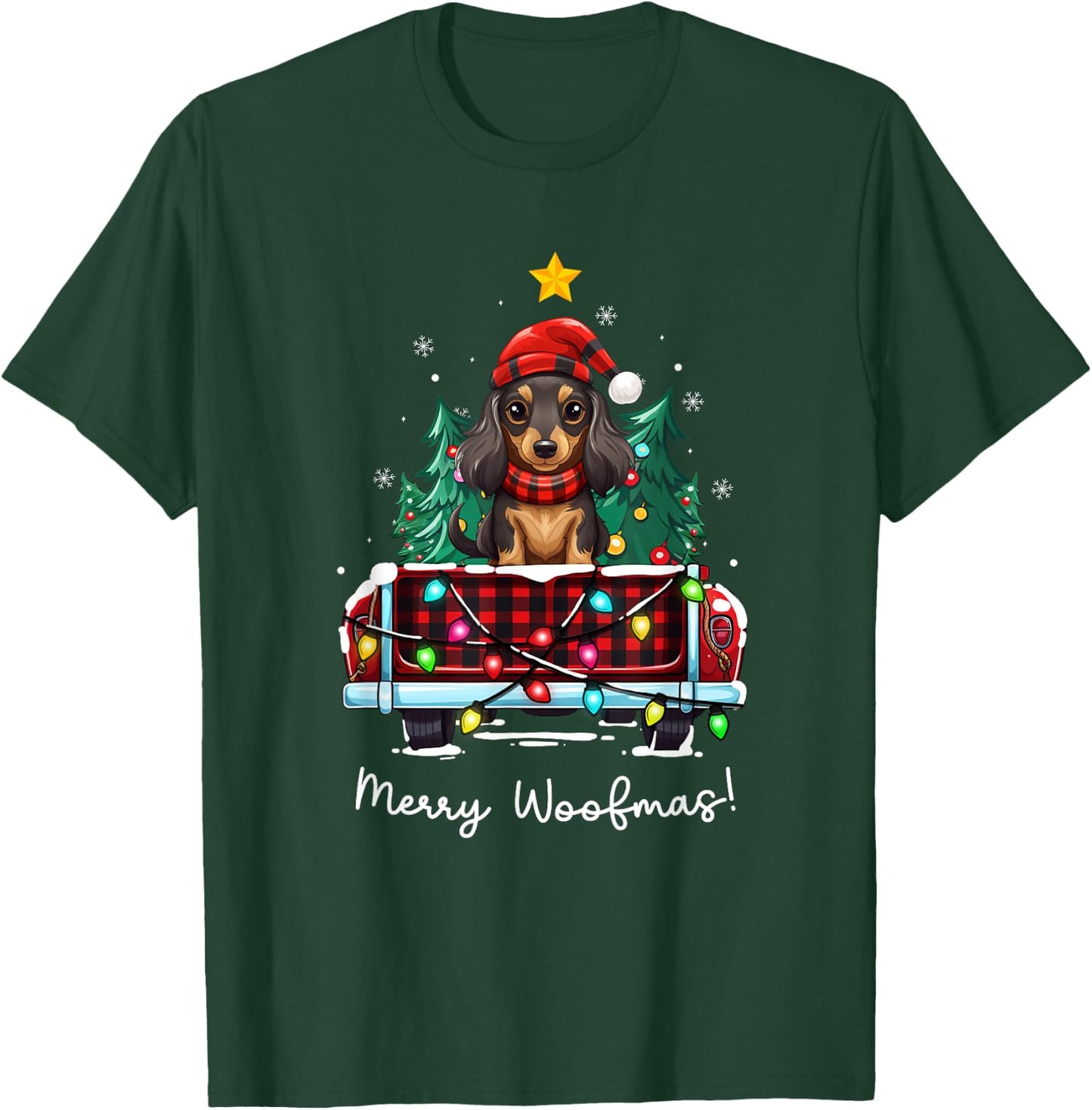 Long Haired Dachshund Christmas Dog Truck Plaid Funny Xmas Men Women Kids T-Shirt - T-Shirt | Forest