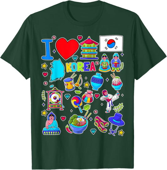 Korean hand drawn landmarks, South Korea map, Culture icons T-Shirt - T-Shirt | Forest