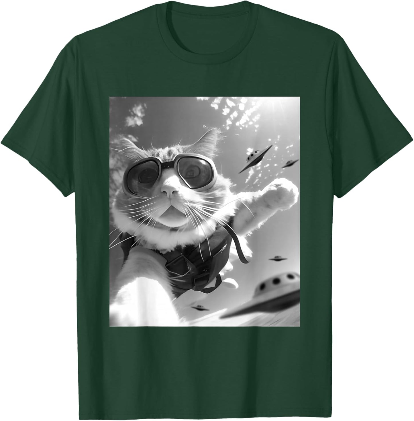 Funny Skydiving Cat Selfie with Alien UFOs T-Shirt - T-Shirt | Forest