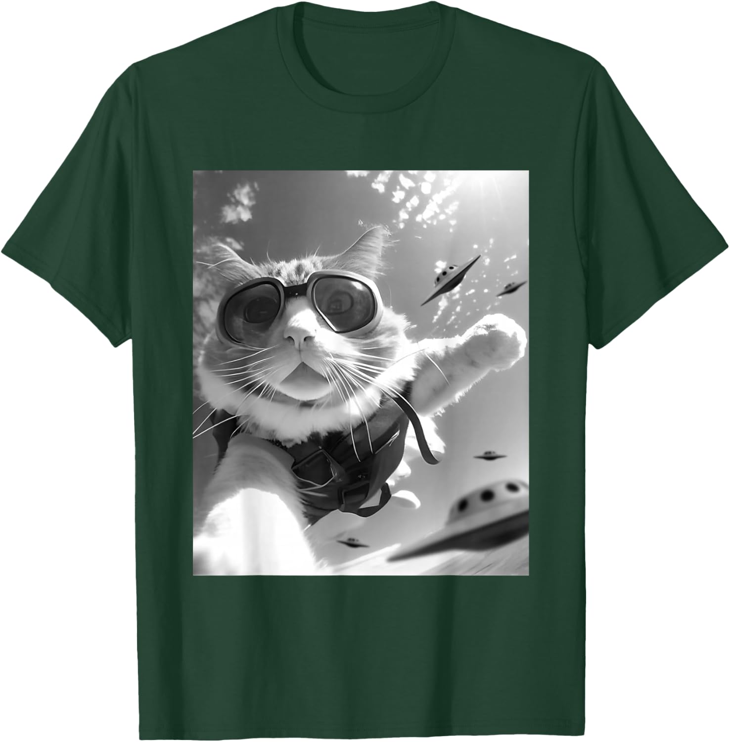 Funny Skydiving Cat Selfie with Alien UFOs T-Shirt - T-Shirt | Forest