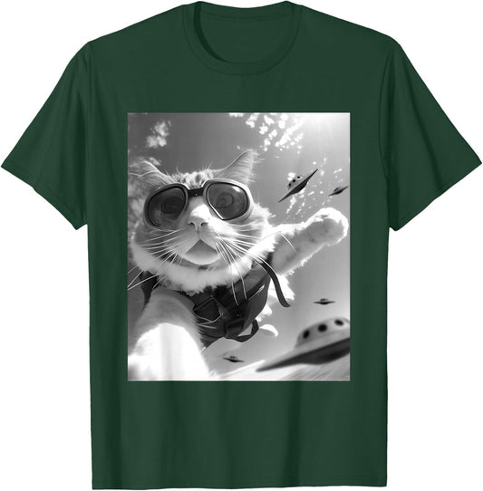 Funny Skydiving Cat Selfie with Alien UFOs T-Shirt - T-Shirt | Forest