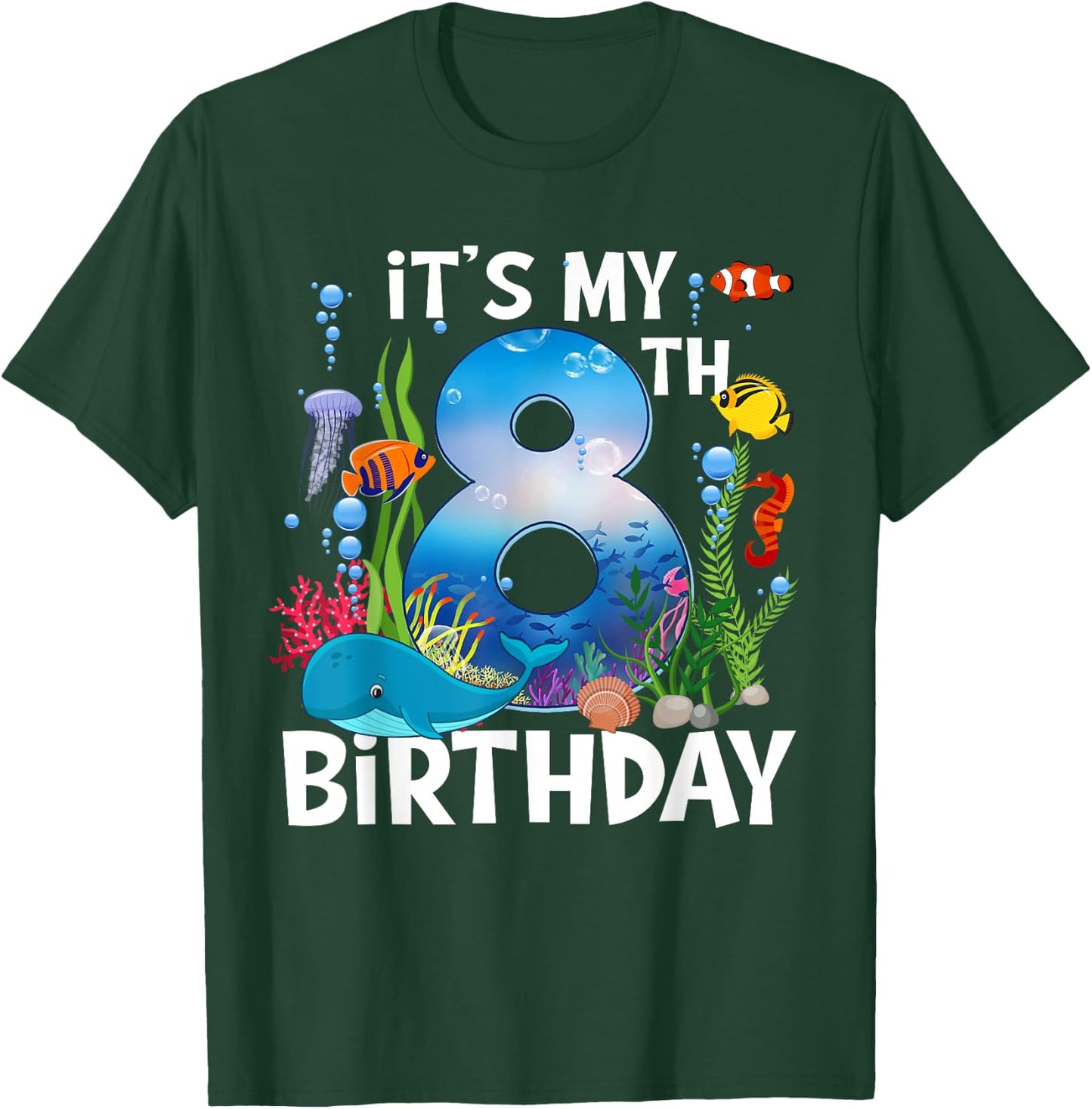 Kids 8 Year Old Ocean Life Whale Dolphin Shark 8th Birthday T-Shirt - T-Shirt | Forest