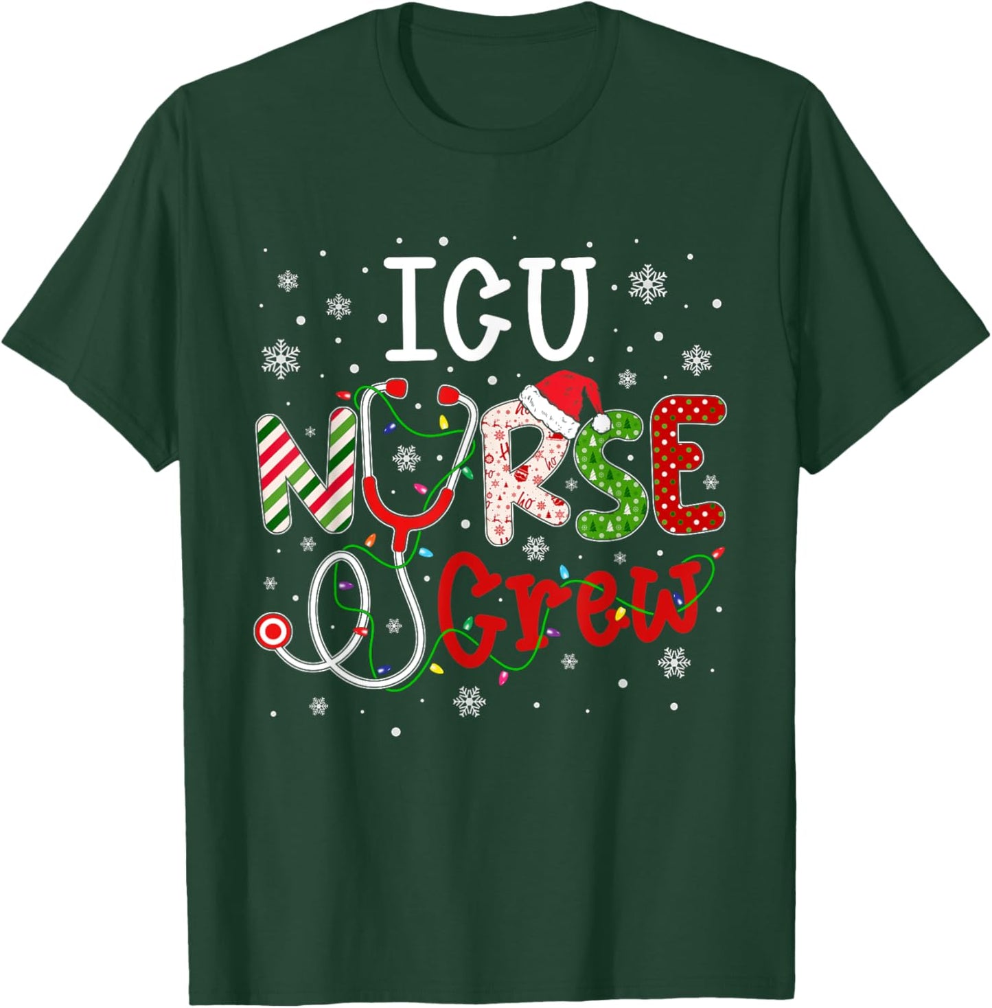 ICU Christmas Nurse Crew Funny Nursing Christmas Pattern T-Shirt - T-Shirt | Forest