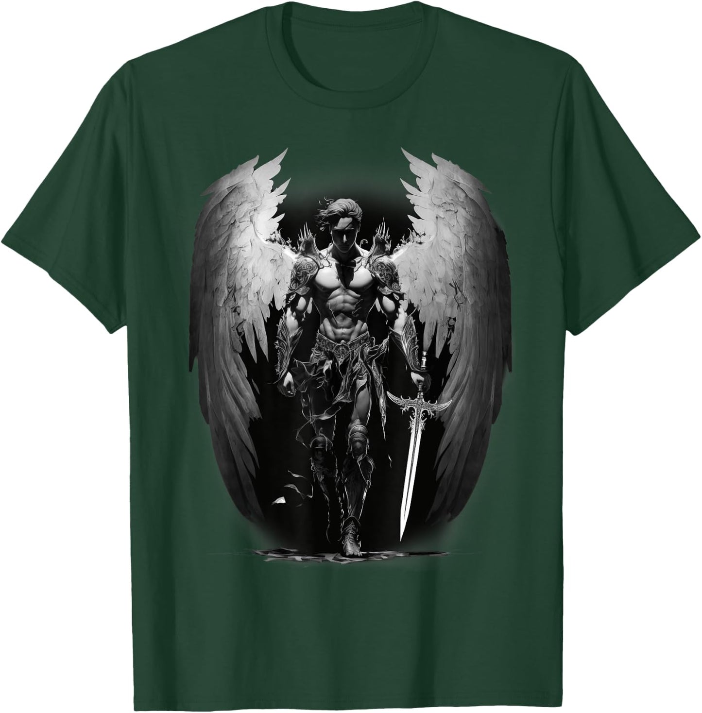Angel Archangel with Sword, Wings in B&W Walking to Fight. T-Shirt - T-Shirt | Forest