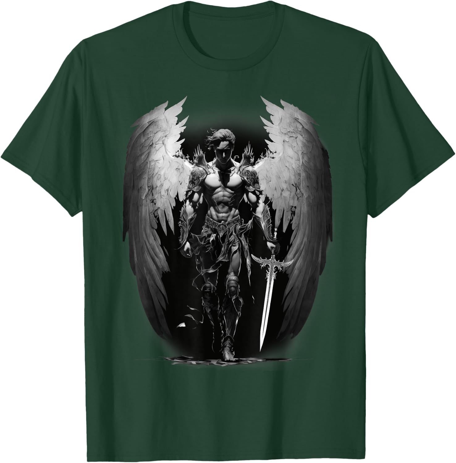Angel Archangel with Sword, Wings in B&W Walking to Fight. T-Shirt - T-Shirt | Forest