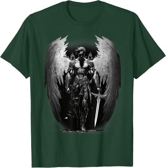 Angel Archangel with Sword, Wings in B&W Walking to Fight. T-Shirt - T-Shirt | Forest