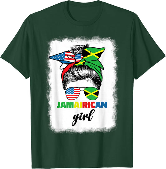 Half American Jamaican America Jamaica Flag JamaiRican Girl T-Shirt - T-Shirt | Forest