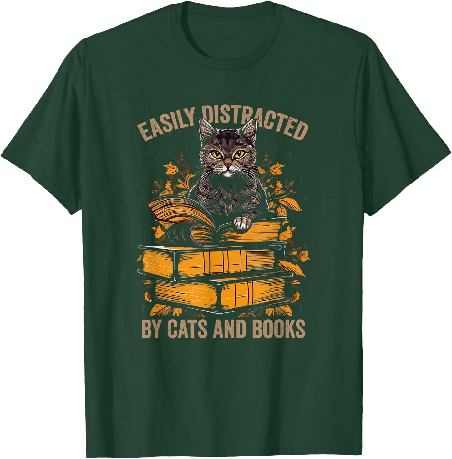 Easily Distracted by Cats and Books Book Reading Lovers T-Shirt - T-Shirt | Forest