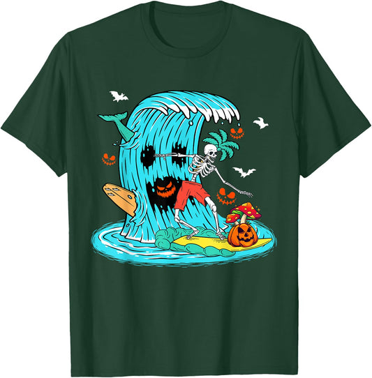 Skeleton Surfing Hawaiian Halloween Surfer Horror Pumpkin T-Shirt - T-Shirt | Forest
