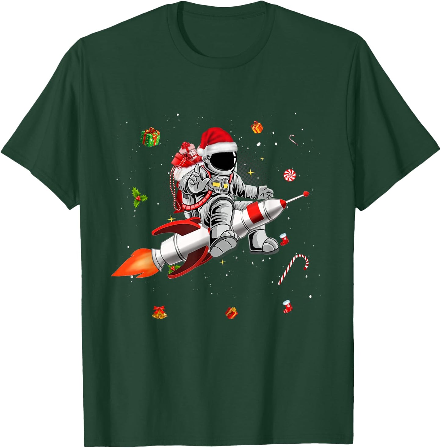 Astronaut Santa Riding Rocket Ship Planets Space Moon Galaxy T-Shirt - T-Shirt | Forest