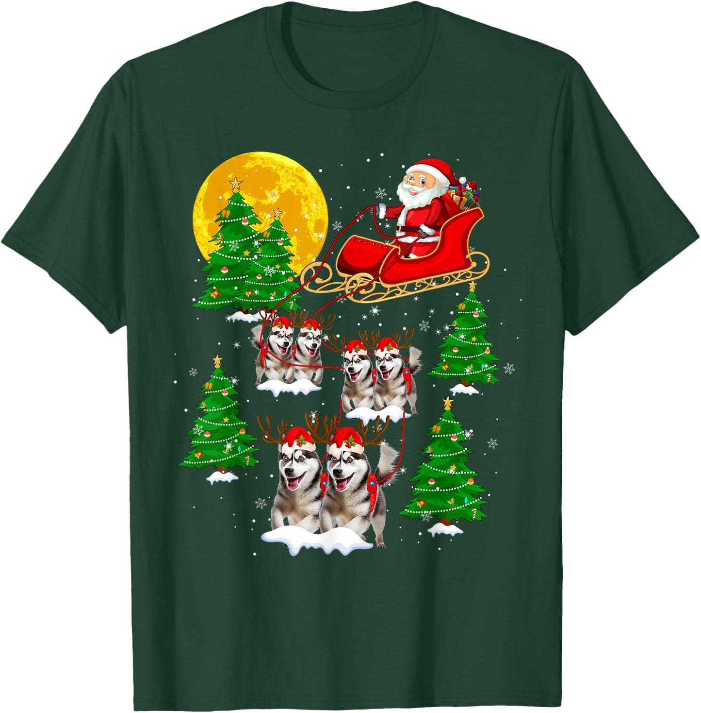 Cute Reindeer Husky Dogs Pulling Santa Sled Christmas Pajama T-Shirt - T-Shirt | Forest