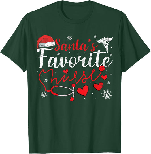 Women Men Santas Favorite Nurse Christmas Scrub Xmas RN T-Shirt - T-Shirt | Forest