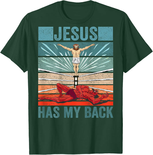 Wrestler Costume Devil Jesus Has My BACK PRINT Christian T-Shirt - T-Shirt | Forest