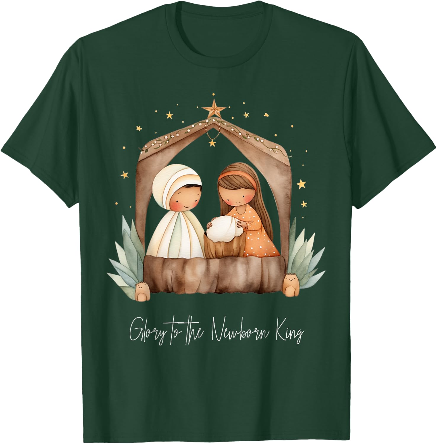 Boho Nativity Scene Glory to the Newborn King Christmas T-Shirt - T-Shirt | Forest