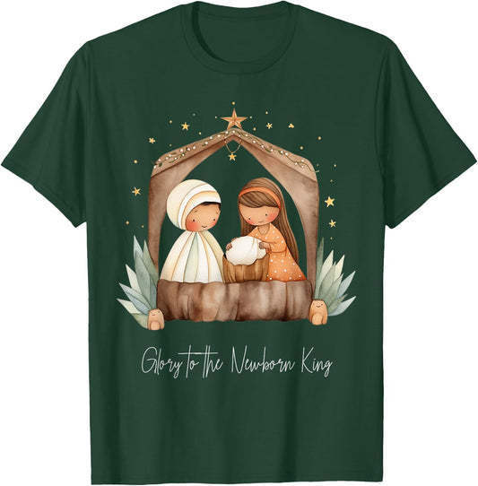 Boho Nativity Scene Glory to the Newborn King Christmas T-Shirt - T-Shirt | Forest