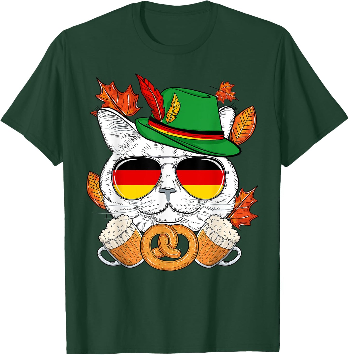 Funny Lederhosen Cat & Sunglasses Germany Flag Oktoberfest T-Shirt - T-Shirt | Forest