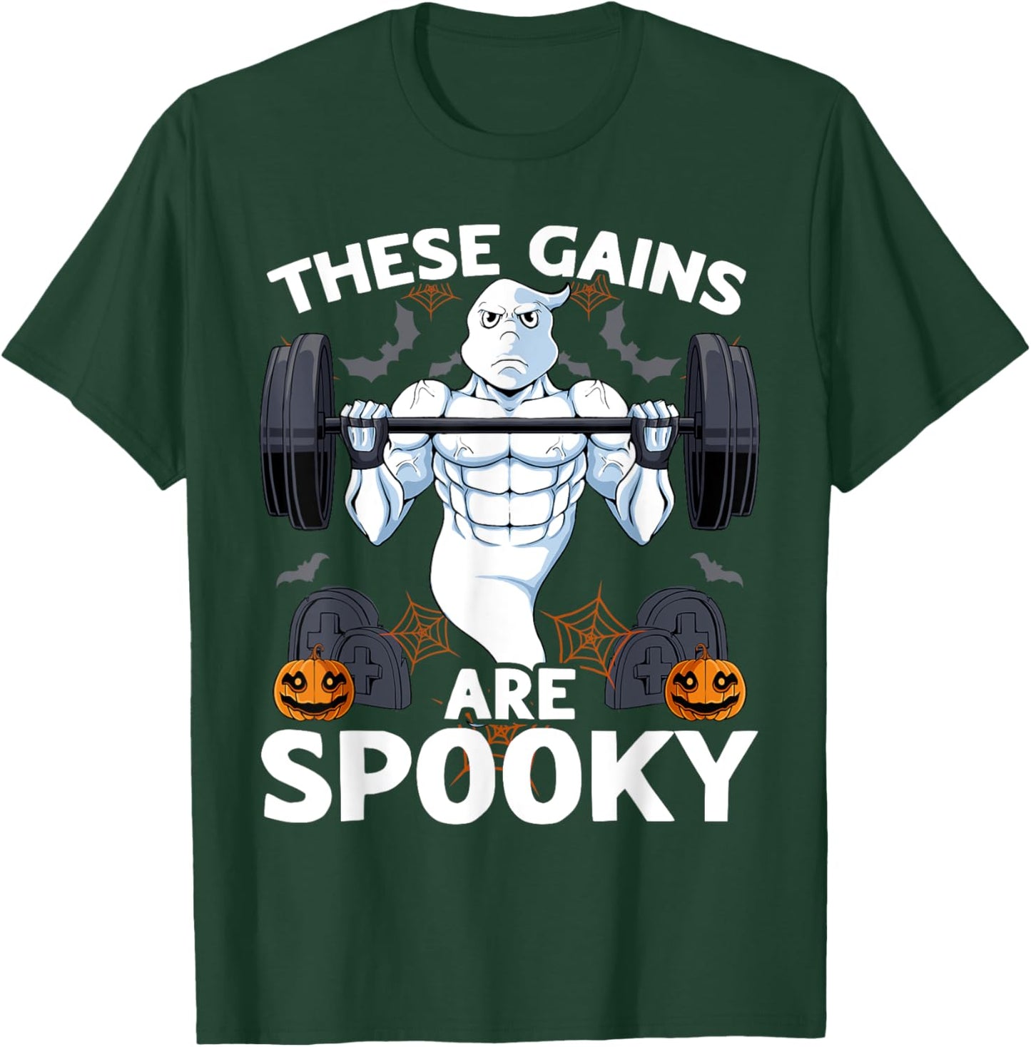 The Gains Are Spooky Halloween Scary Ghost Weightlifting Gym T-Shirt - T-Shirt | Forest