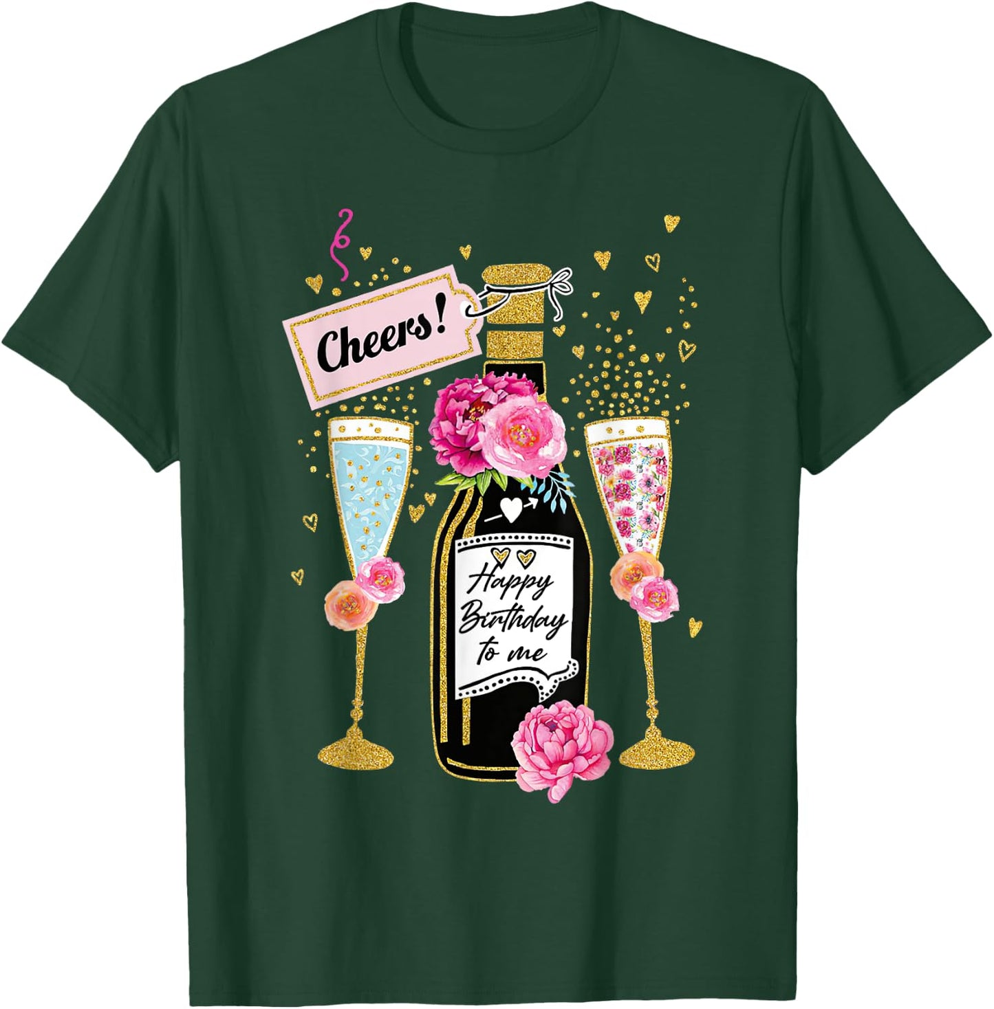 Happy Birthday Champagne Flutes With Floral Flower T-Shirt - T-Shirt | Forest