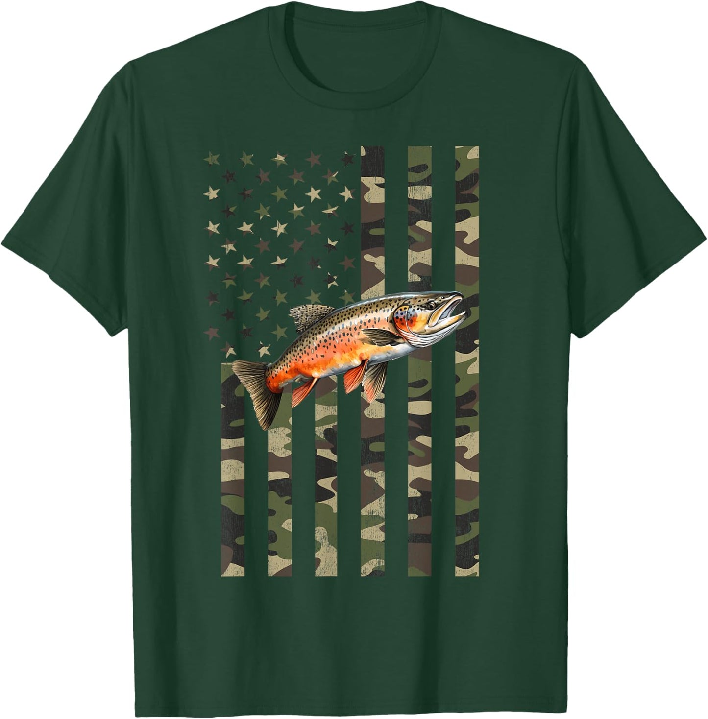 Brook Trout Fishing, Camo American Flag with Brook Trout T-Shirt - T-Shirt | Forest