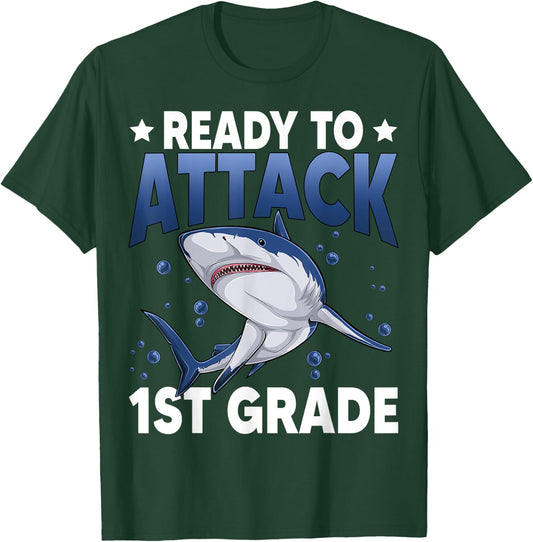 Ready To Attack 1st Grade Shark First Grade Teacher Student T-Shirt - T-Shirt | Forest
