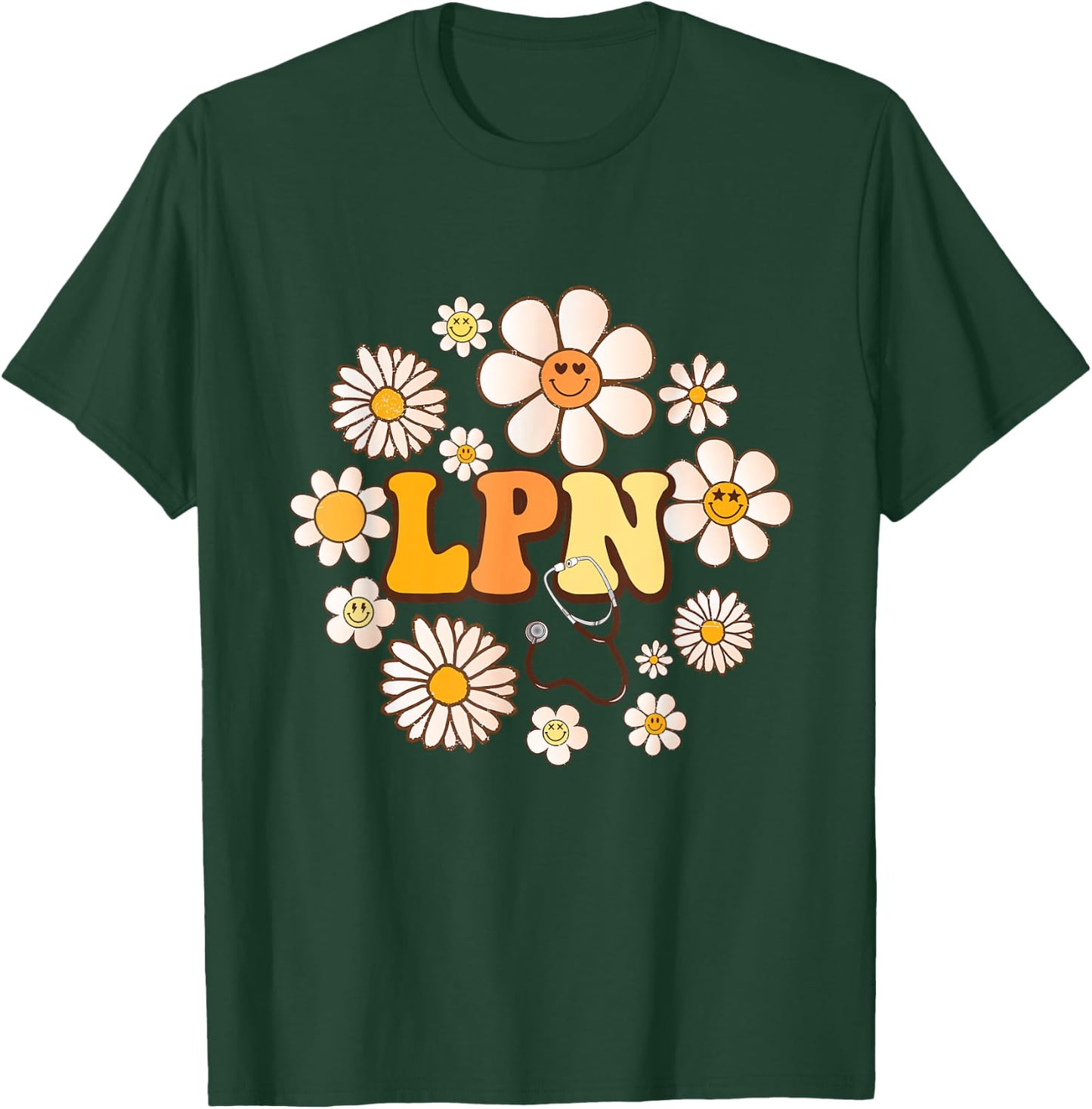 Retro groovy smile face Flowers LPN Licensed Practical Nurse T-Shirt - T-Shirt | Forest
