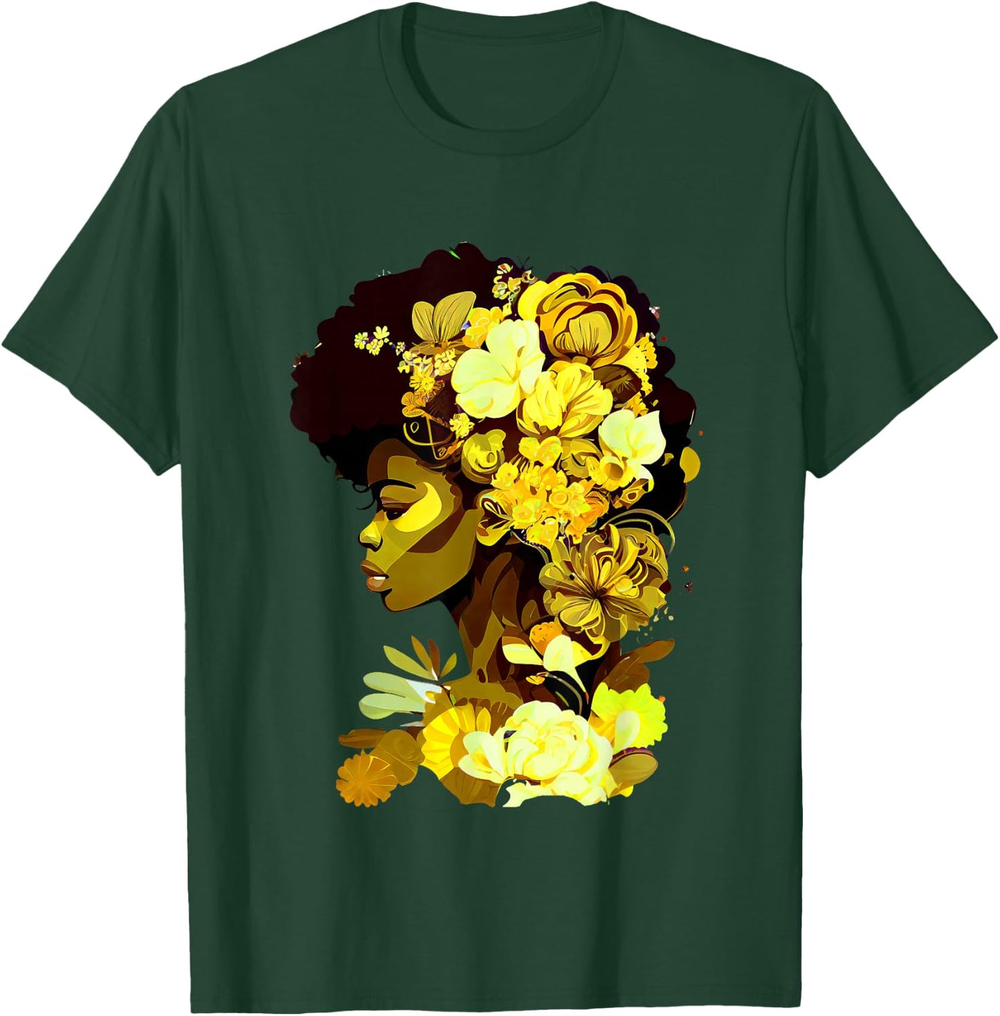 Beautiful Black Woman Afro Queen African Art Yellow Flowers T-Shirt - T-Shirt | Forest