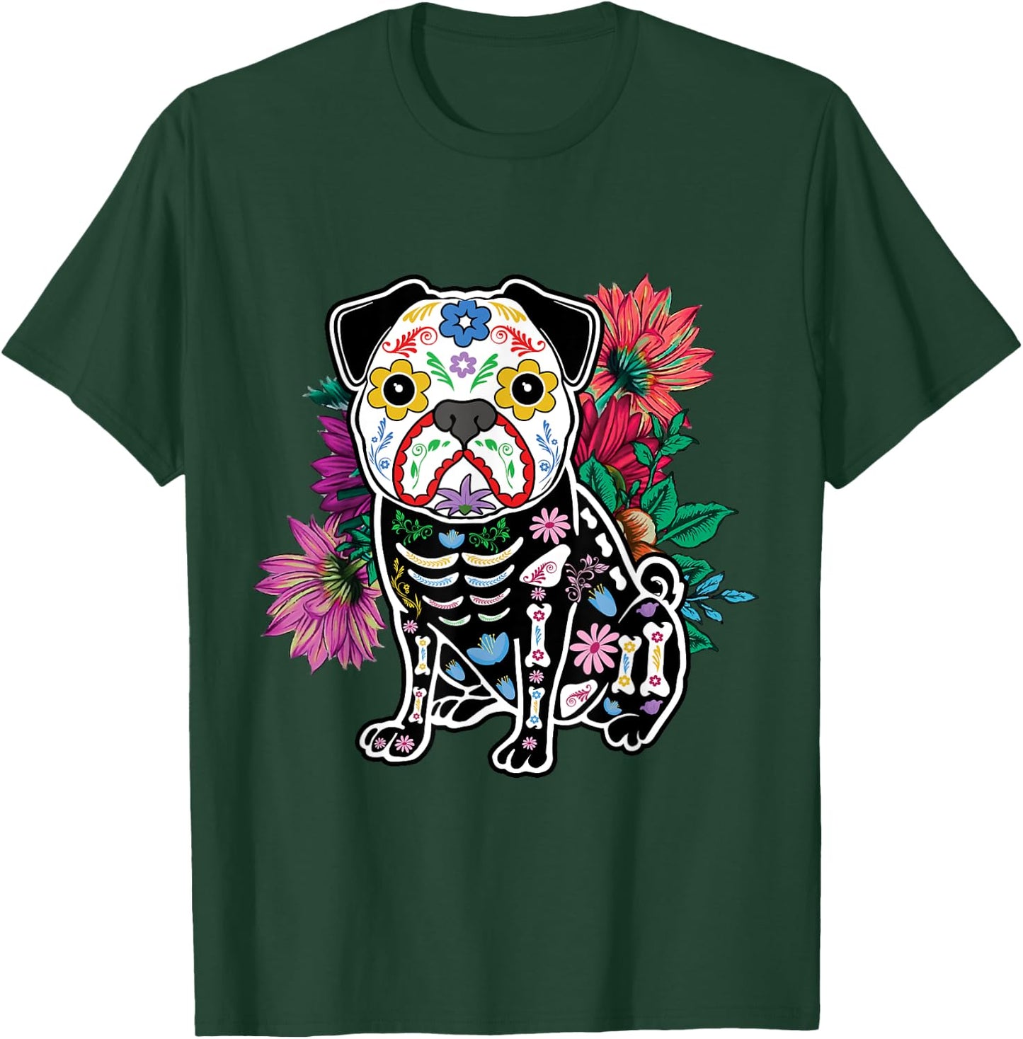 Floral Pug Dog Lover Souls Day Of Dead Dia De Los Muertos T-Shirt - T-Shirt | Forest