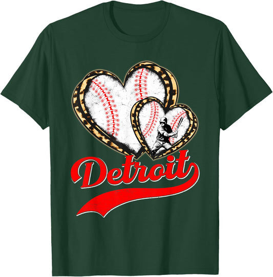 Vintage Detroit Baseball Leopard Heart Baseball Fans T-Shirt - T-Shirt | Forest