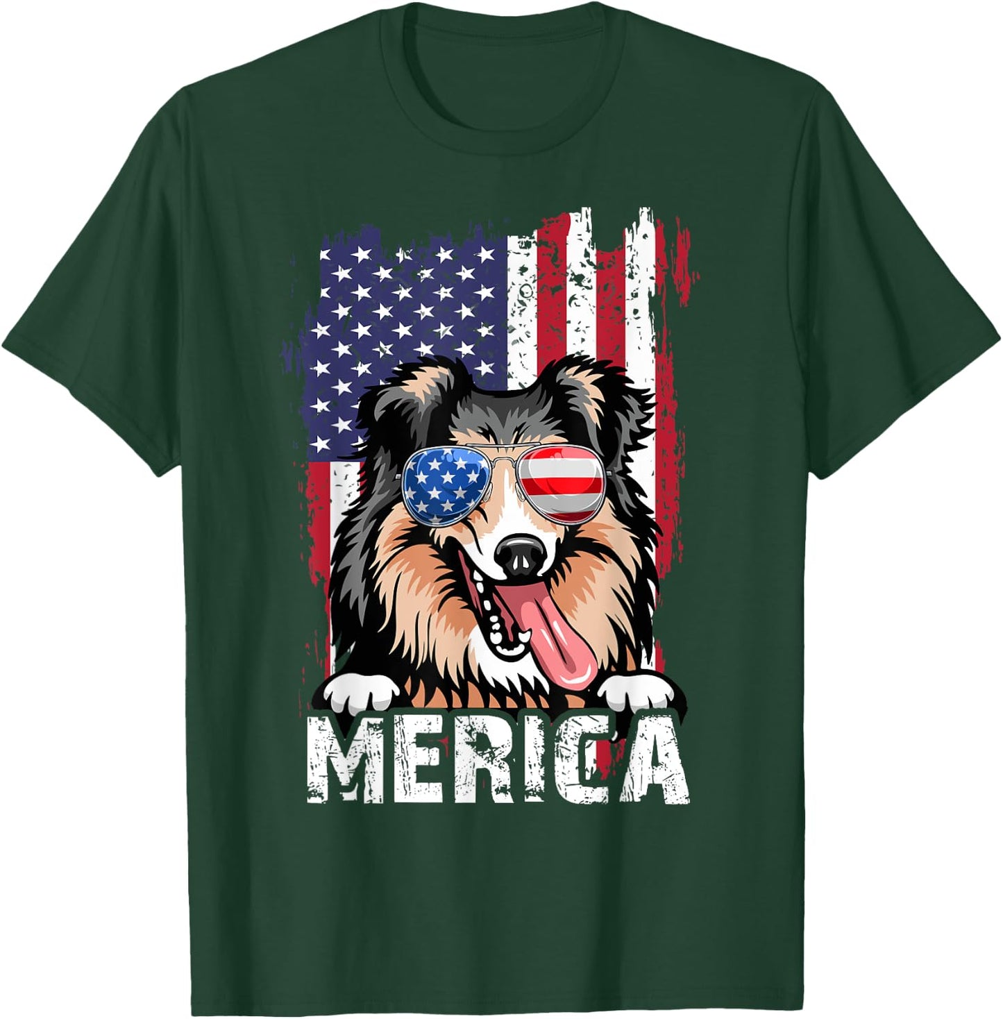 Merica 4th of July Shetland Sheepdog US Flag Sheltie Mom Dad T-Shirt - T-Shirt | Forest