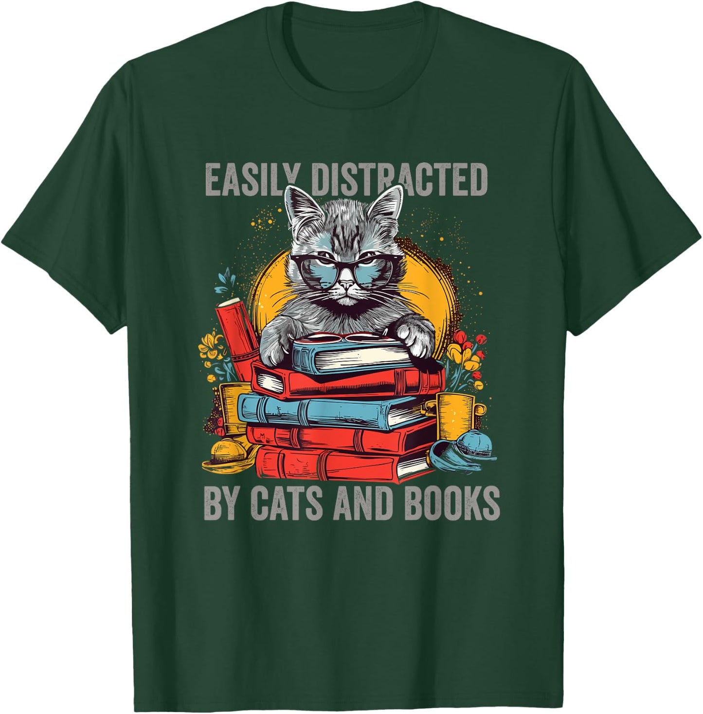 Easily Distracted by Cats and Books Book Lovers T-Shirt - T-Shirt | Forest